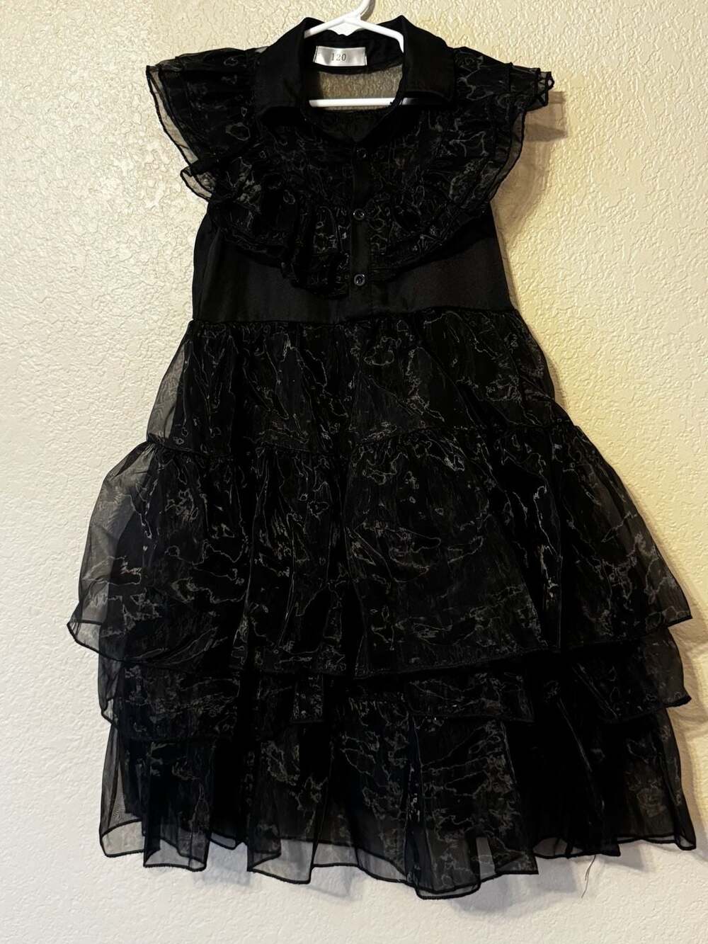 Black Tiered Ruffle Organza Dress w/ Collar & Button Front Wednesday Addams dres